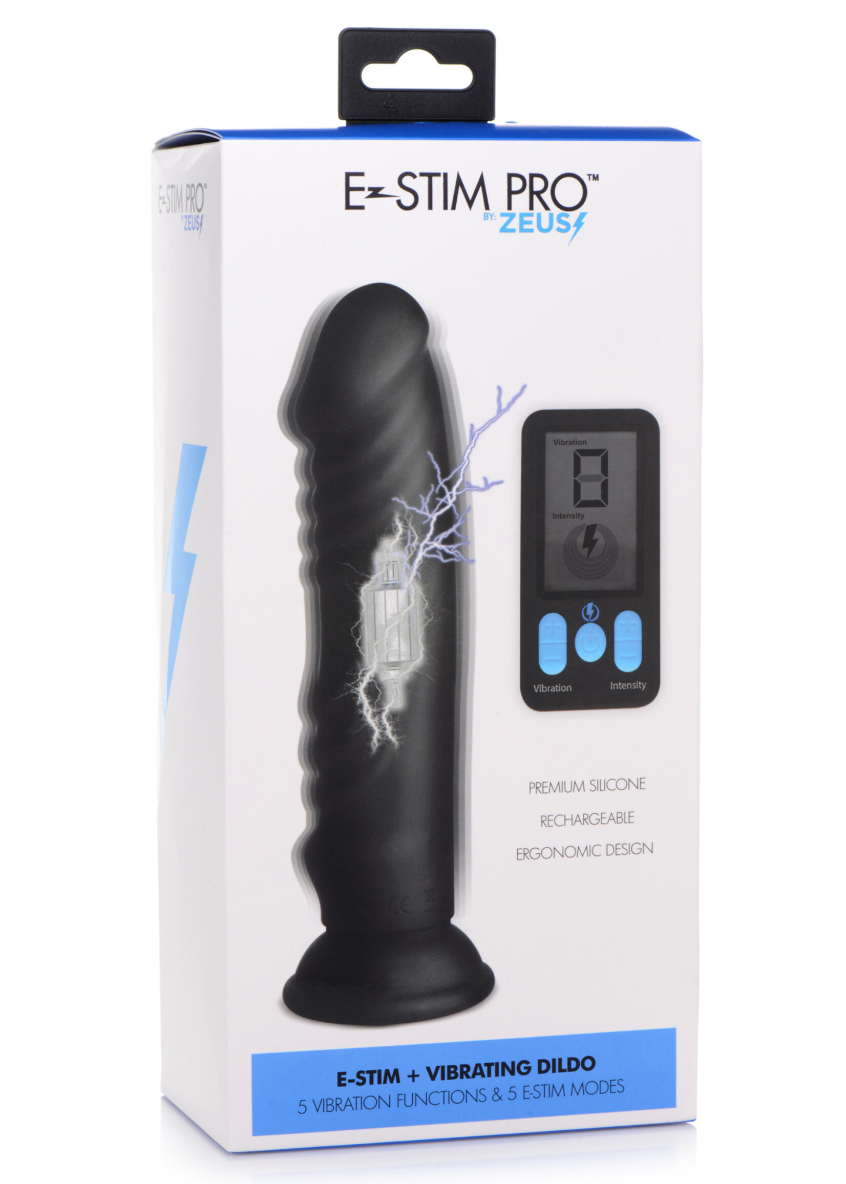 XR Brands Zeus Electrosex Zeus Vibrating & E-Stim Rechargeable Silicone Dildo With Remote Control 7.9in- Black
