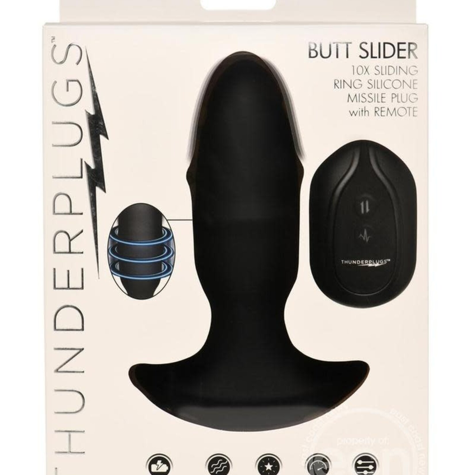 XR Brands Thunder Plugs Thunder Plug Butt Slider 7x Sliding Ring Silicone Rechargeable Missile Plug with Remote Control - Black