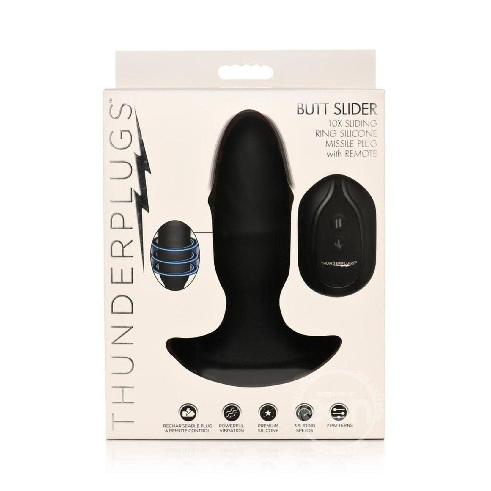 XR Brands Thunder Plugs Thunder Plug Butt Slider 7x Sliding Ring Silicone Rechargeable Missile Plug with Remote Control - Black