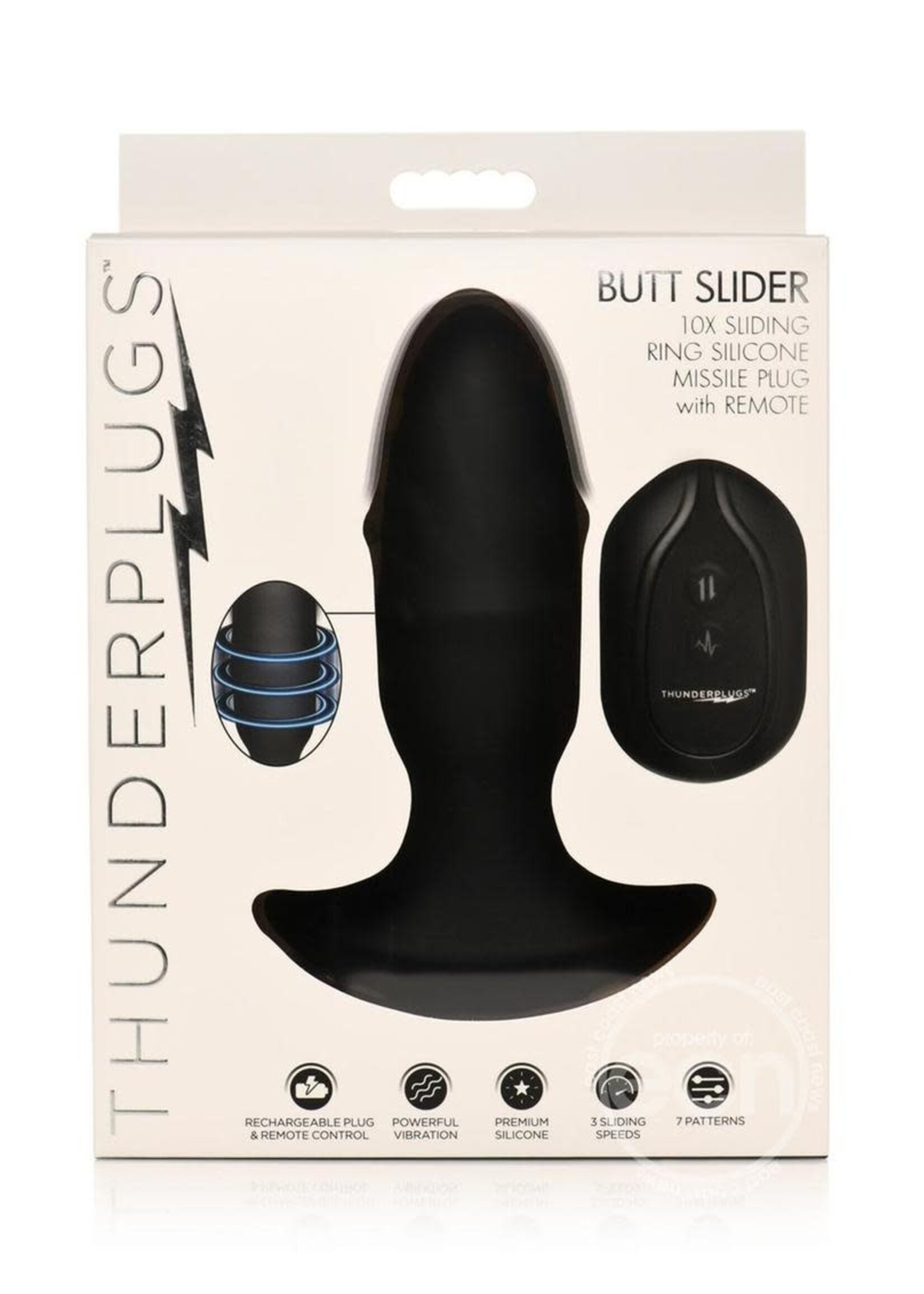 XR Brands Thunder Plugs Thunder Plug Butt Slider 7x Sliding Ring Silicone Rechargeable Missile Plug with Remote Control - Black
