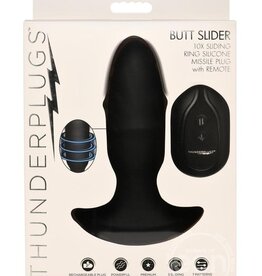 XR Brands Thunder Plugs Thunder Plug Butt Slider 7x Sliding Ring Silicone Rechargeable Missile Plug with Remote Control - Black