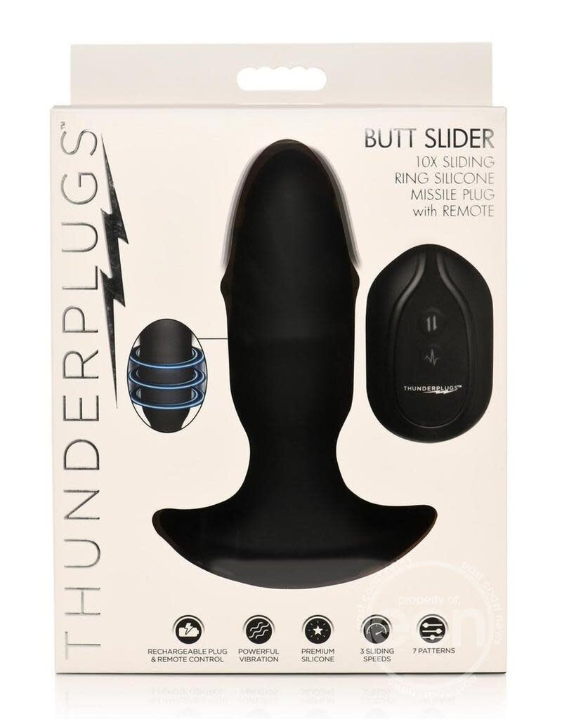 XR Brands Thunder Plugs Thunder Plug Butt Slider 7x Sliding Ring Silicone Rechargeable Missile Plug with Remote Control - Black