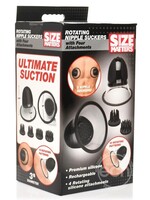 XR Brands Size Matters Size Matters 10X Rotating Rechargeable Silicone Nipple Suckers with 4 Attachments - Black/Clear