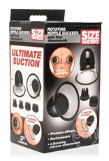 XR Brands Size Matters Size Matters 10X Rotating Rechargeable Silicone Nipple Suckers with 4 Attachments - Black/Clear