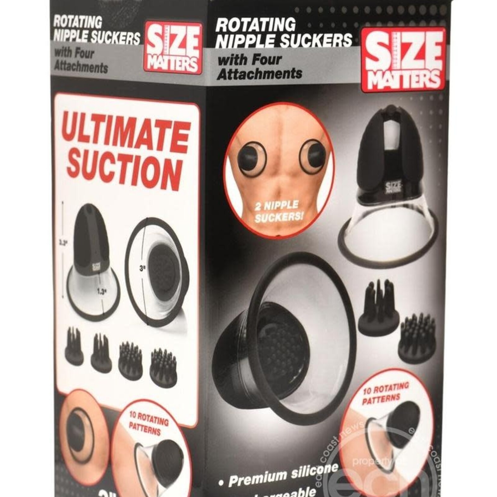 XR Brands Size Matters Size Matters 10X Rotating Rechargeable Silicone Nipple Suckers with 4 Attachments - Black/Clear