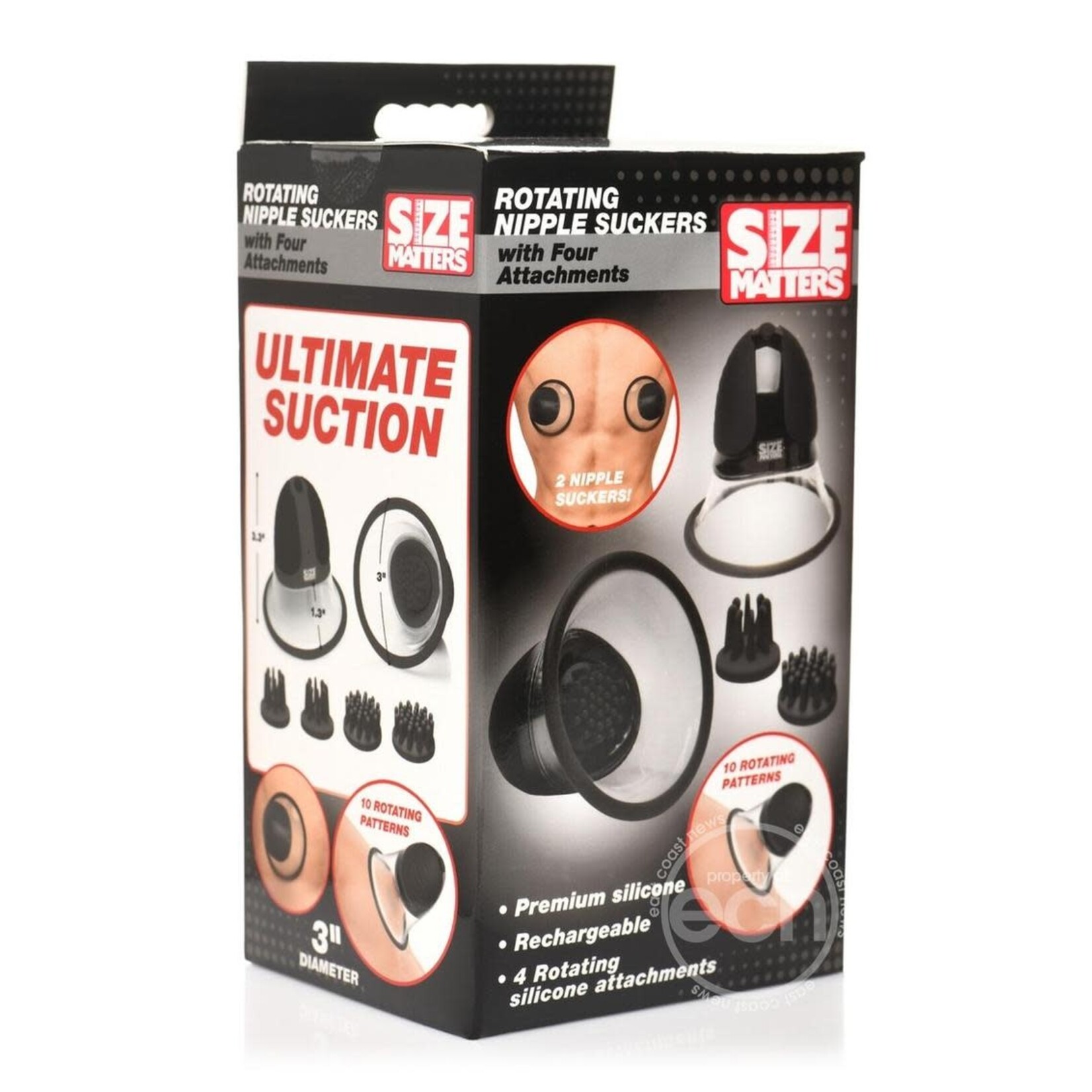 XR Brands Size Matters Size Matters 10X Rotating Rechargeable Silicone Nipple Suckers with 4 Attachments - Black/Clear