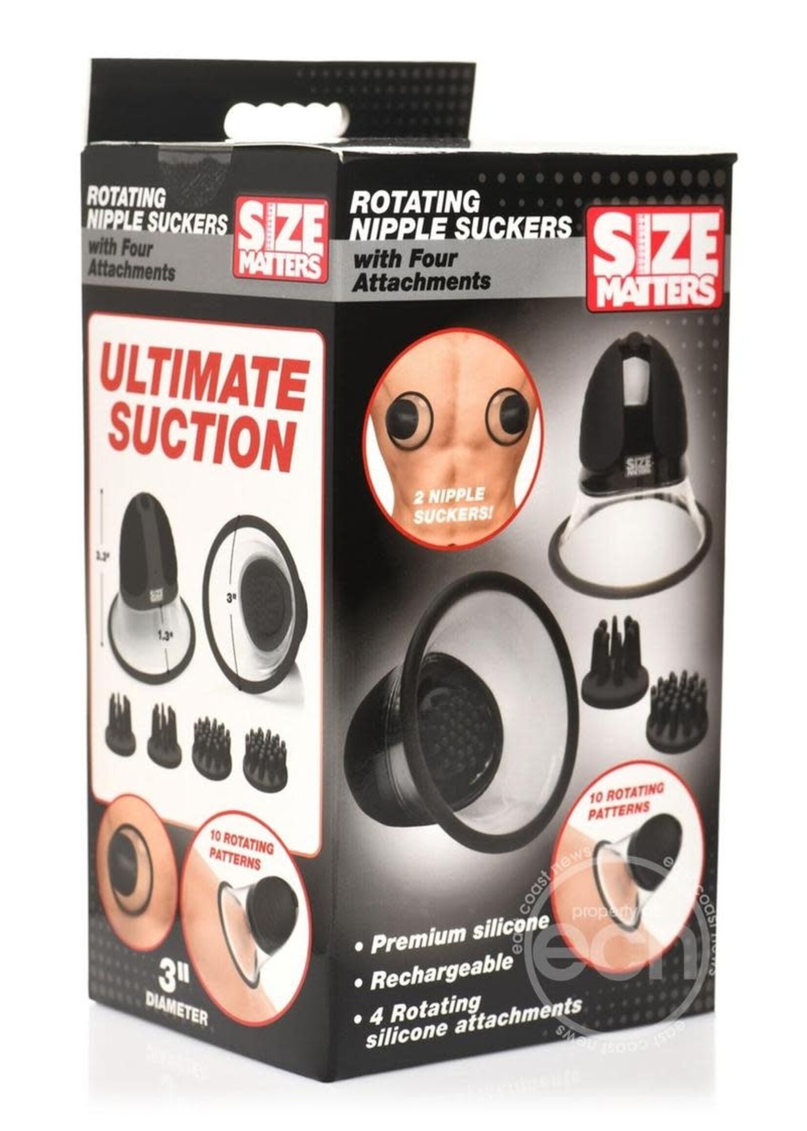 XR Brands Size Matters Size Matters 10X Rotating Rechargeable Silicone Nipple Suckers with 4 Attachments - Black/Clear