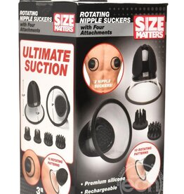 XR Brands Size Matters Size Matters 10X Rotating Rechargeable Silicone Nipple Suckers with 4 Attachments - Black/Clear