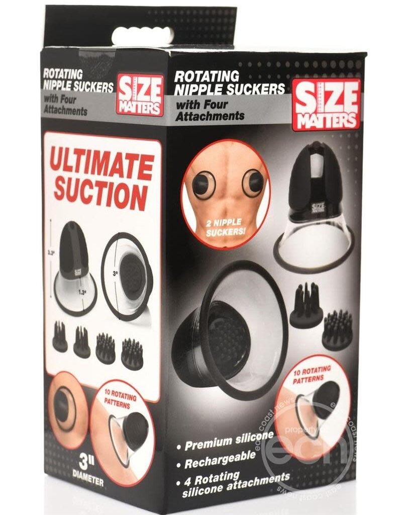 XR Brands Size Matters Size Matters 10X Rotating Rechargeable Silicone Nipple Suckers with 4 Attachments - Black/Clear