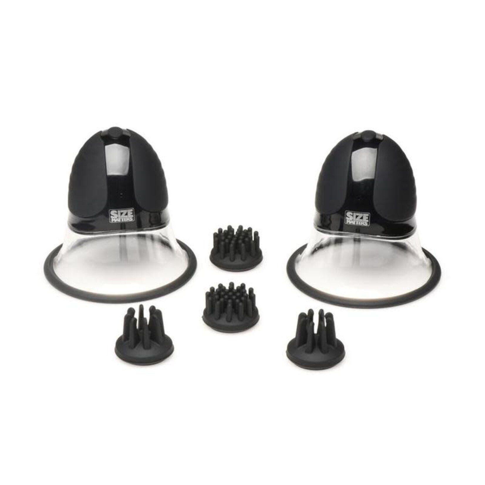XR Brands Size Matters Size Matters 10X Rotating Rechargeable Silicone Nipple Suckers with 4 Attachments - Black/Clear