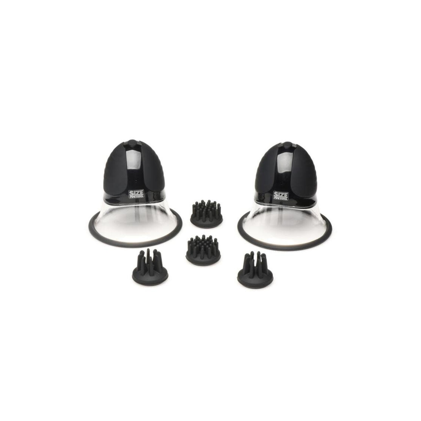 XR Brands Size Matters Size Matters 10X Rotating Rechargeable Silicone Nipple Suckers with 4 Attachments - Black/Clear