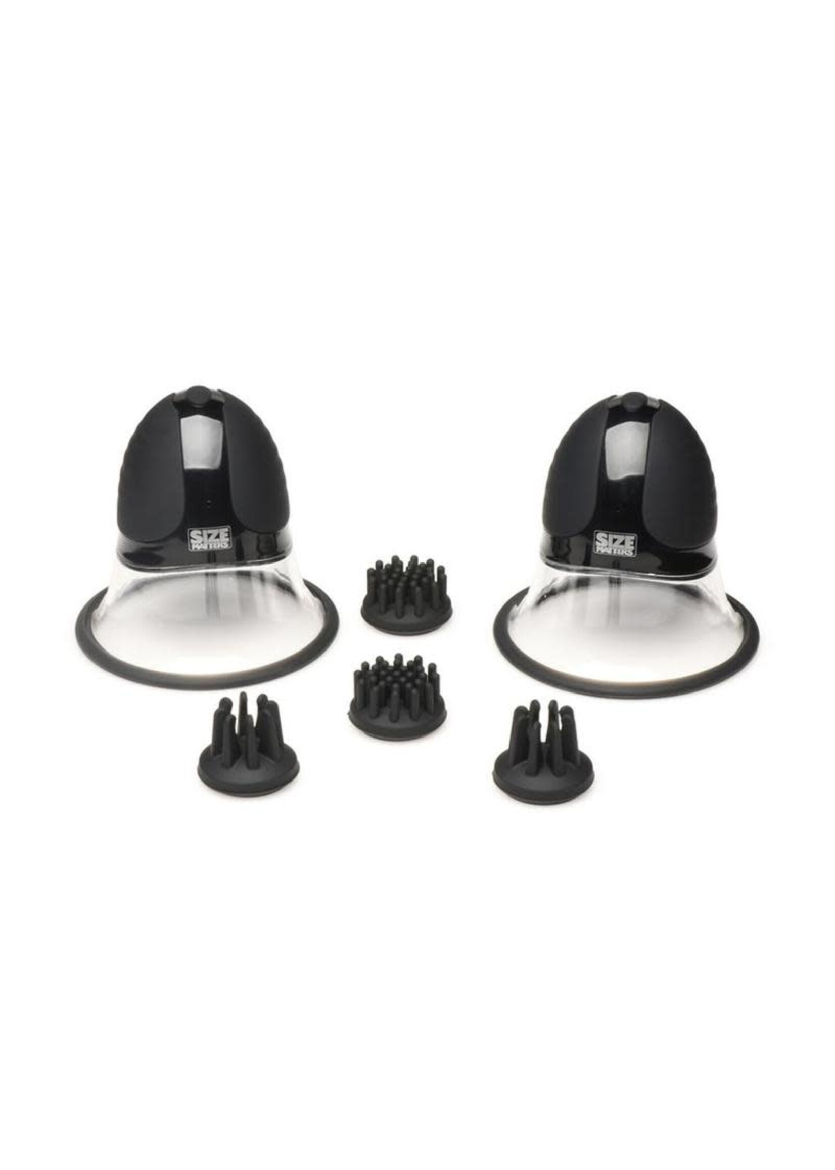 XR Brands Size Matters Size Matters 10X Rotating Rechargeable Silicone Nipple Suckers with 4 Attachments - Black/Clear