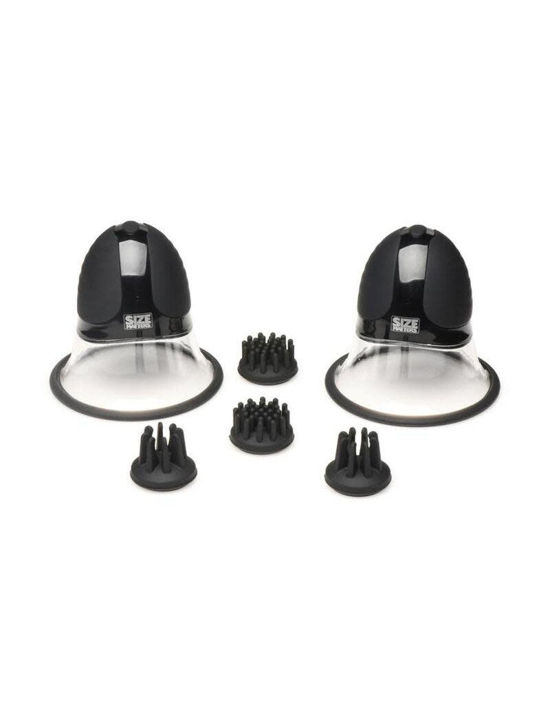 XR Brands Size Matters Size Matters 10X Rotating Rechargeable Silicone Nipple Suckers with 4 Attachments - Black/Clear