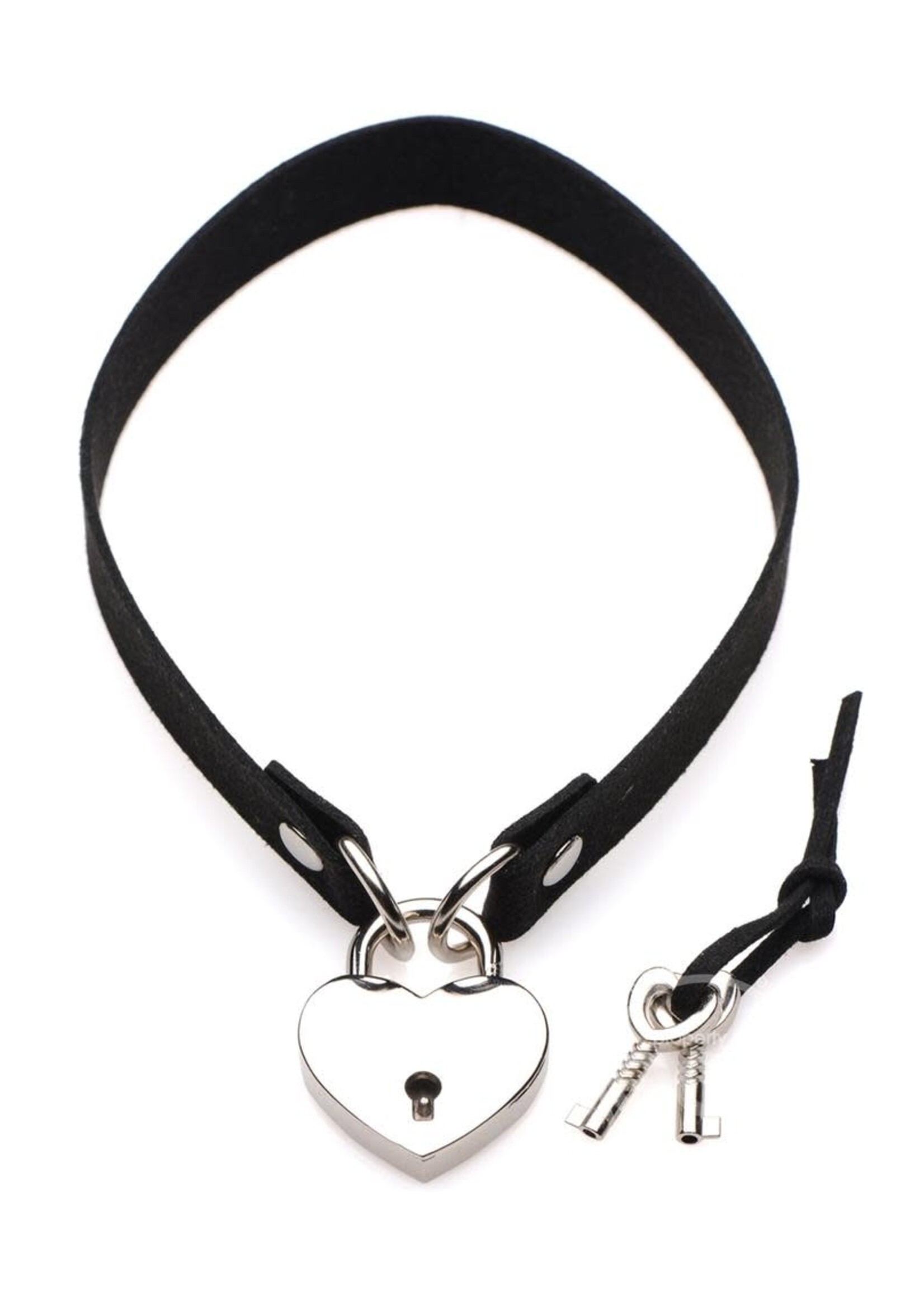 XR Brands Master Series Master Series Lock-It Heart Lock And Key Choker - Black/Silver