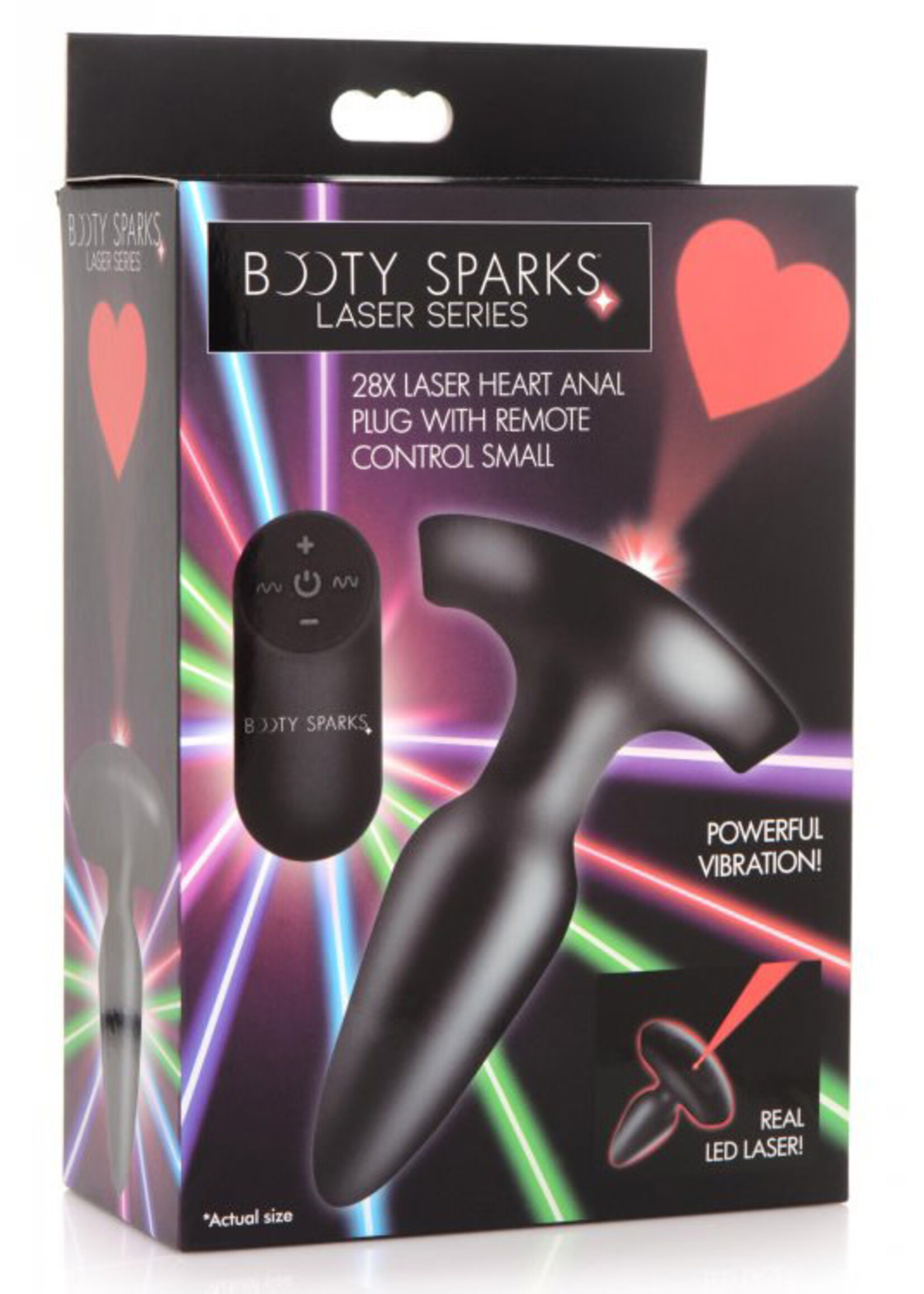 XR Brands Master Series Booty Sparks Laser Heart Rechargeable Silicone Anal Plug with Remote Control - Small - Black with Red Lights