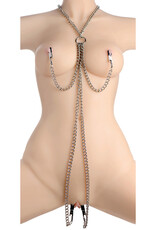 XR Brands Master Series Chained Collar With Nipple and Clit Clamps - Silver