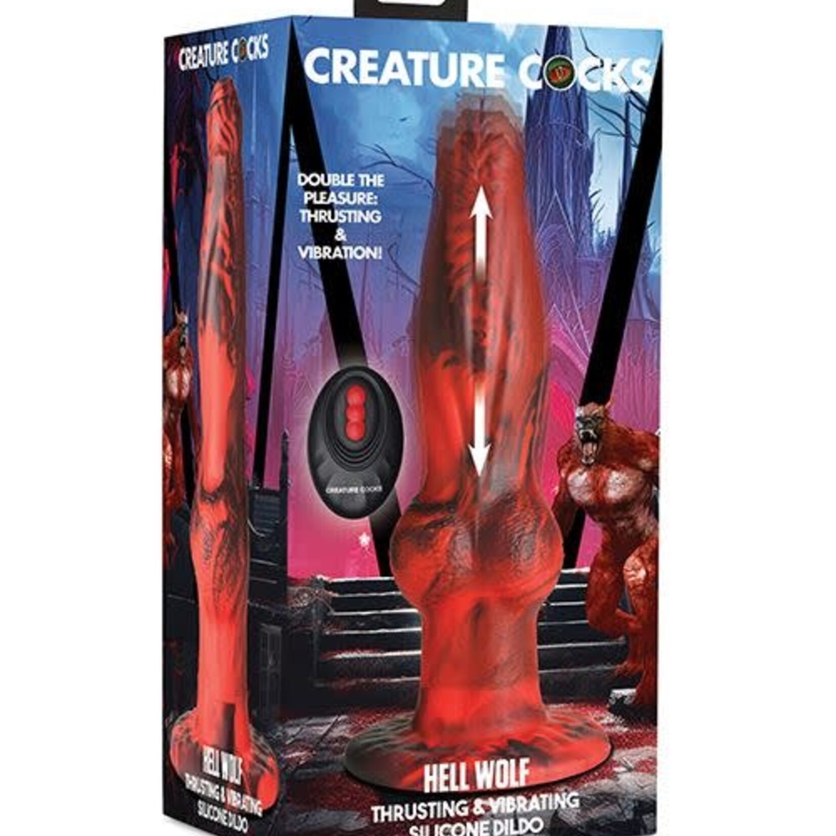 XR Brands Creature Cocks Creature Cocks Hell-Wolf Thrusting & Vibrating Silicone Dildo - Black/Red