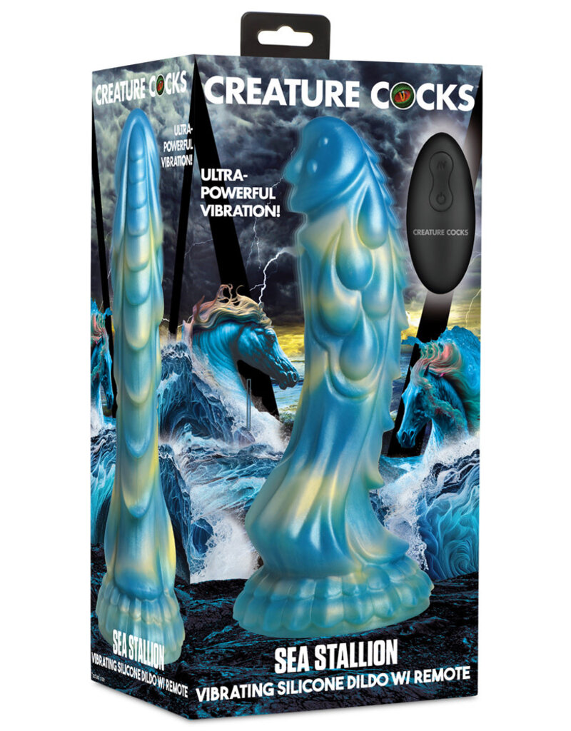 XR Brands Creature Cocks Creature Cocks Sea Stallion Vibrating Dildo w/ Remote - Blue/Yellow