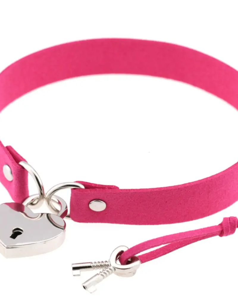 Touch of Fur REAL COW HIDE COLLAR/CHOKER WITH HEART LOCK - hot pink
