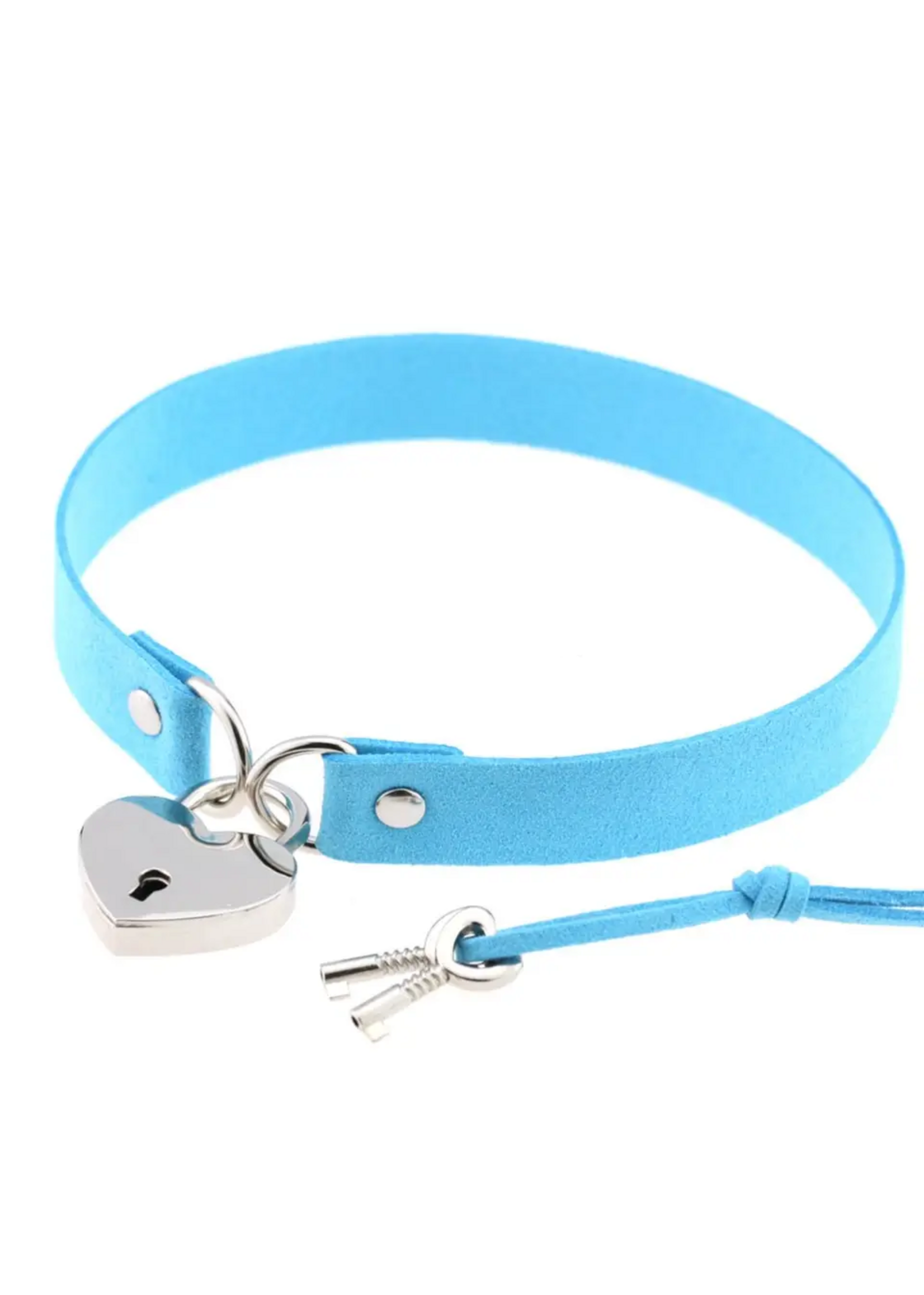 Touch of Fur REAL COW HIDE COLLAR/CHOKER WITH HEART LOCK - Turquoise