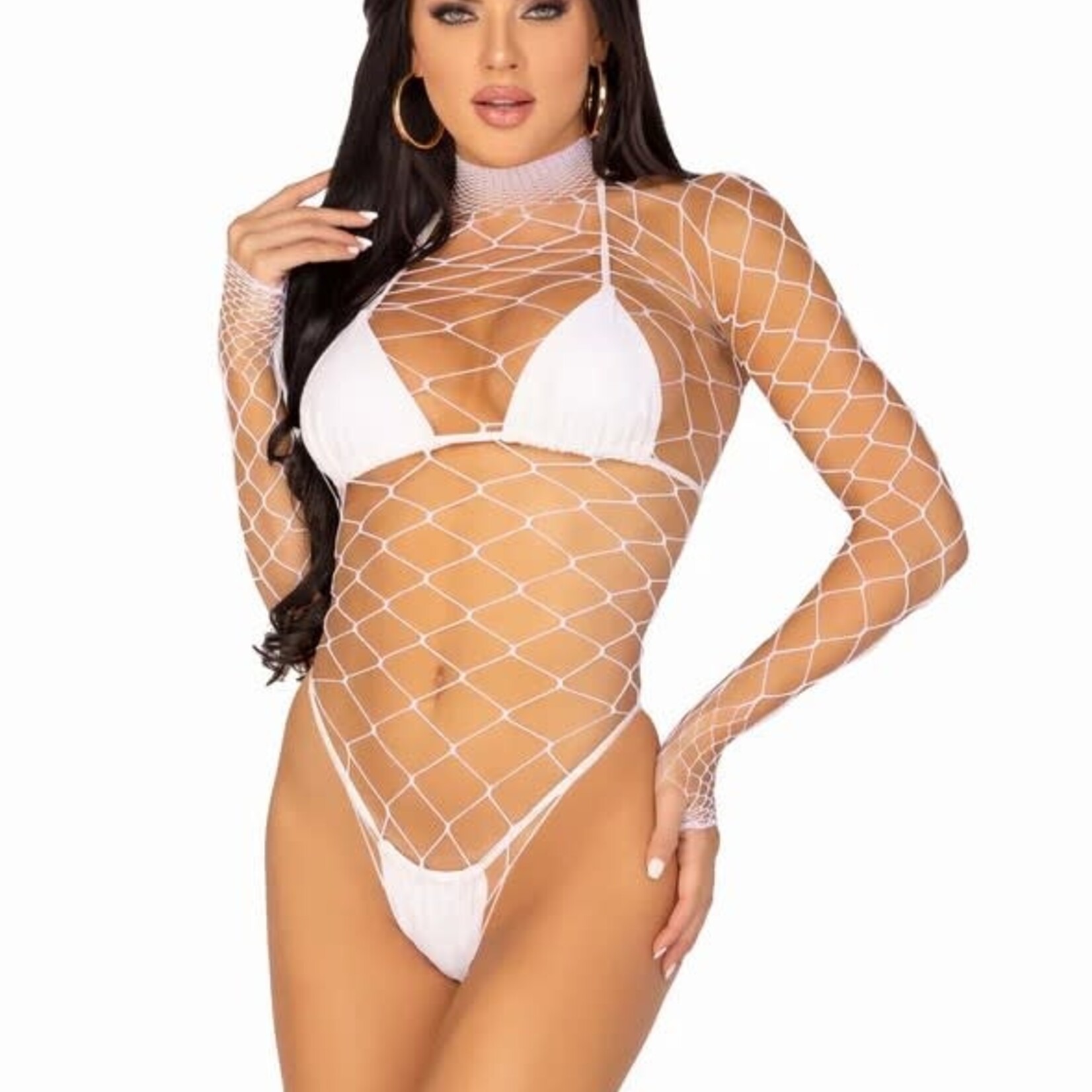 Leg Avenue High Neck Fence Net Long Sleeved Bodysuit - O/S