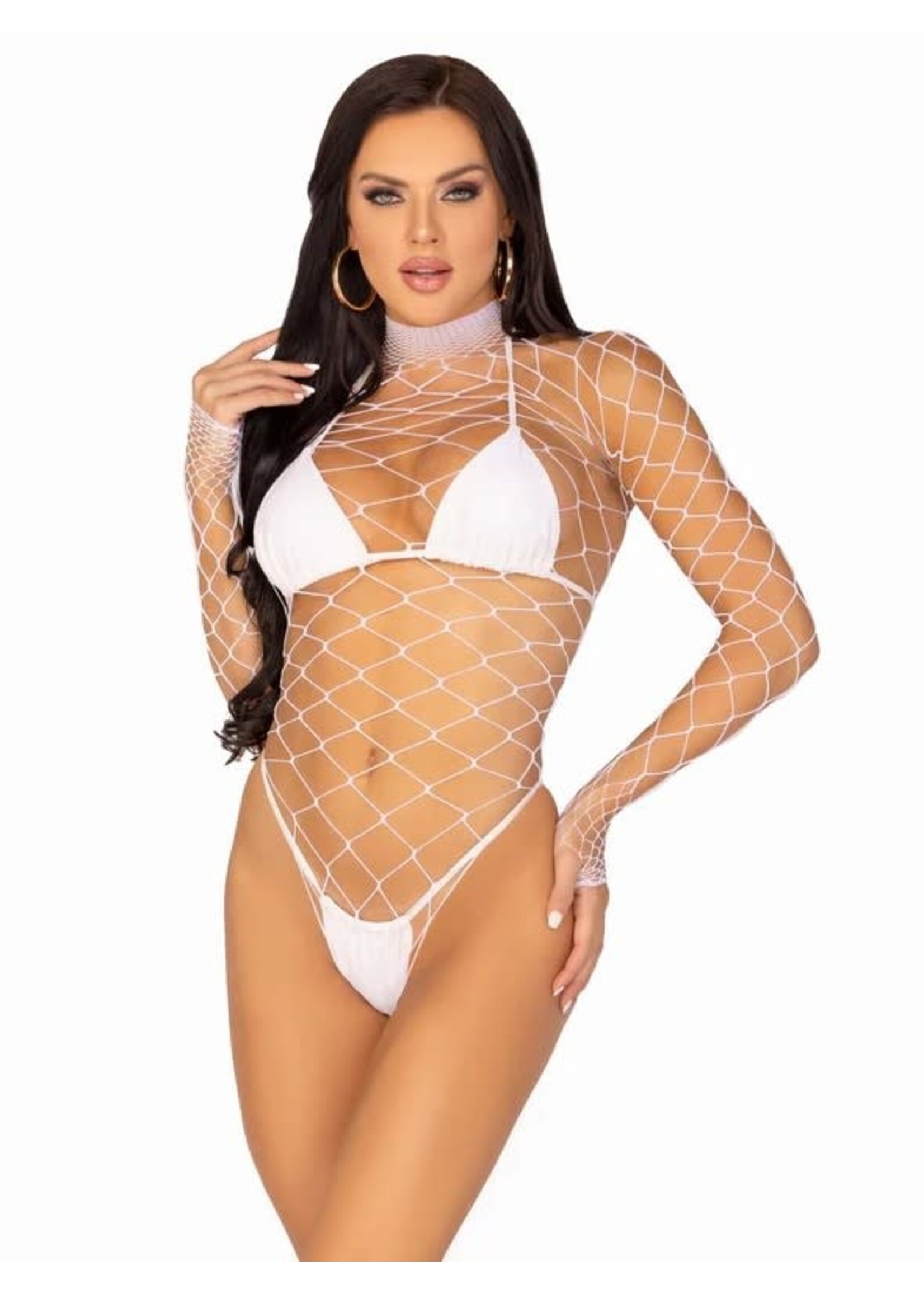 Leg Avenue High Neck Fence Net Long Sleeved Bodysuit - O/S