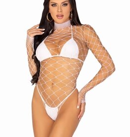 Leg Avenue High Neck Fence Net Long Sleeved Bodysuit - O/S