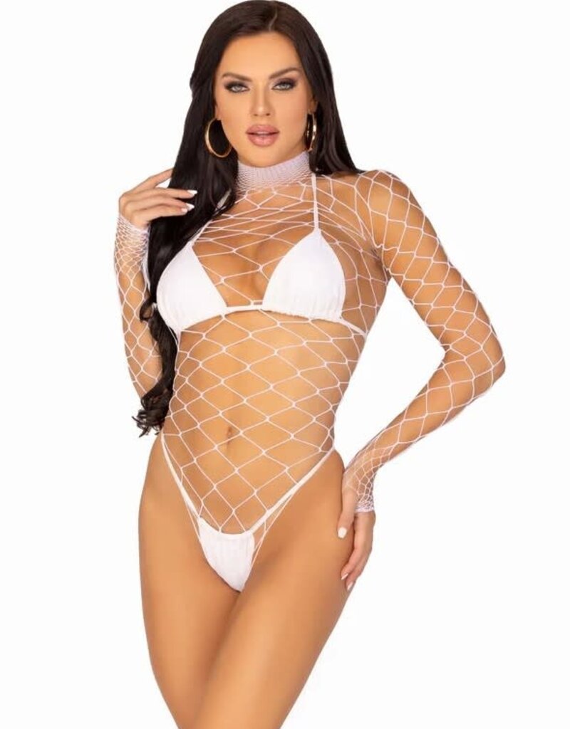 Leg Avenue High Neck Fence Net Long Sleeved Bodysuit - O/S