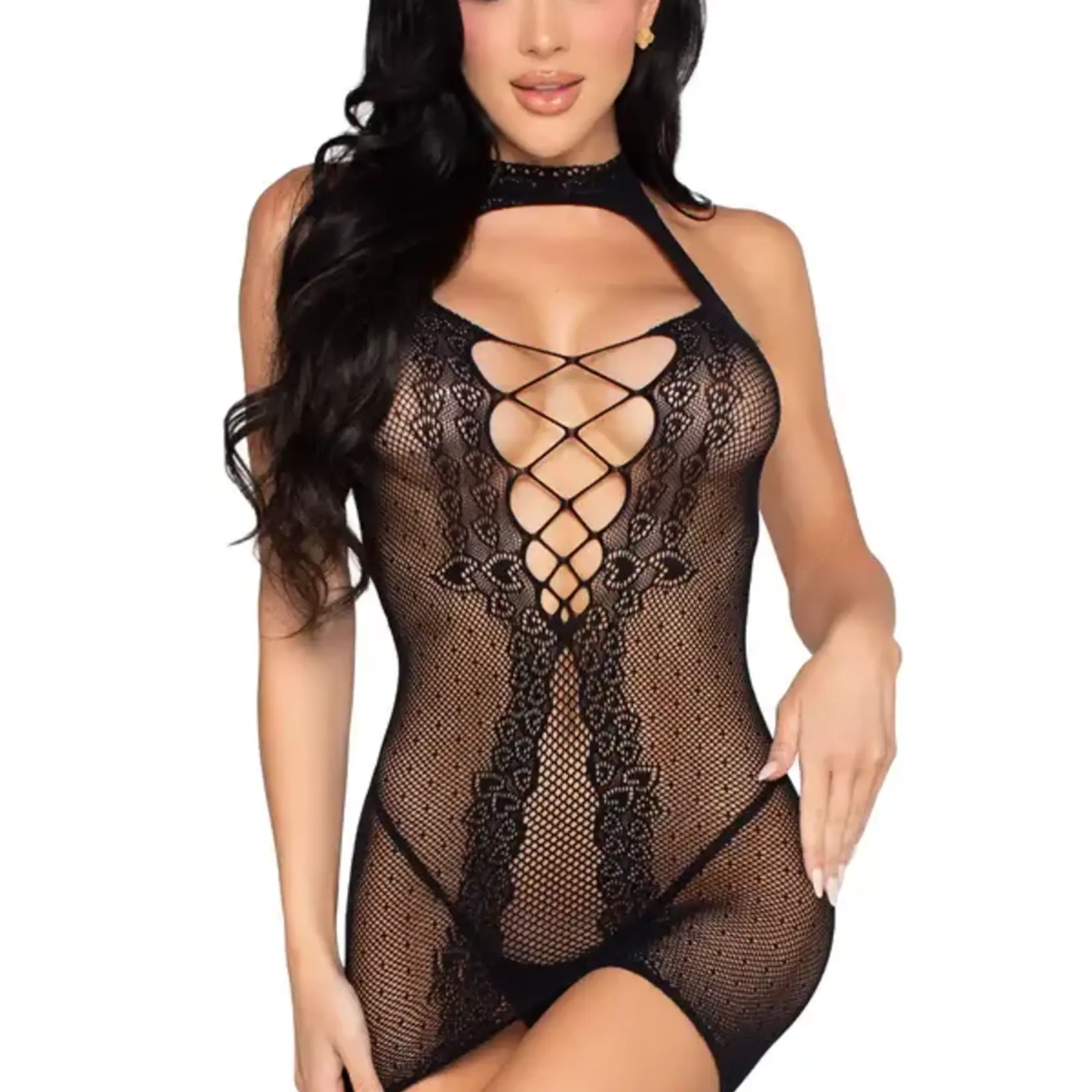 Leg Avenue Leg Avenue Dotted Net and Lace Halter Mini Dress with Faux Lace-Up Open Back - O/S