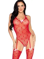 Leg Avenue Leg Avenue Mini Heart Trimmed Heart Net Teddy with Attached Stockings - O/S