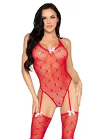 Leg Avenue Leg Avenue Mini Heart Trimmed Heart Net Teddy with Attached Stockings - O/S