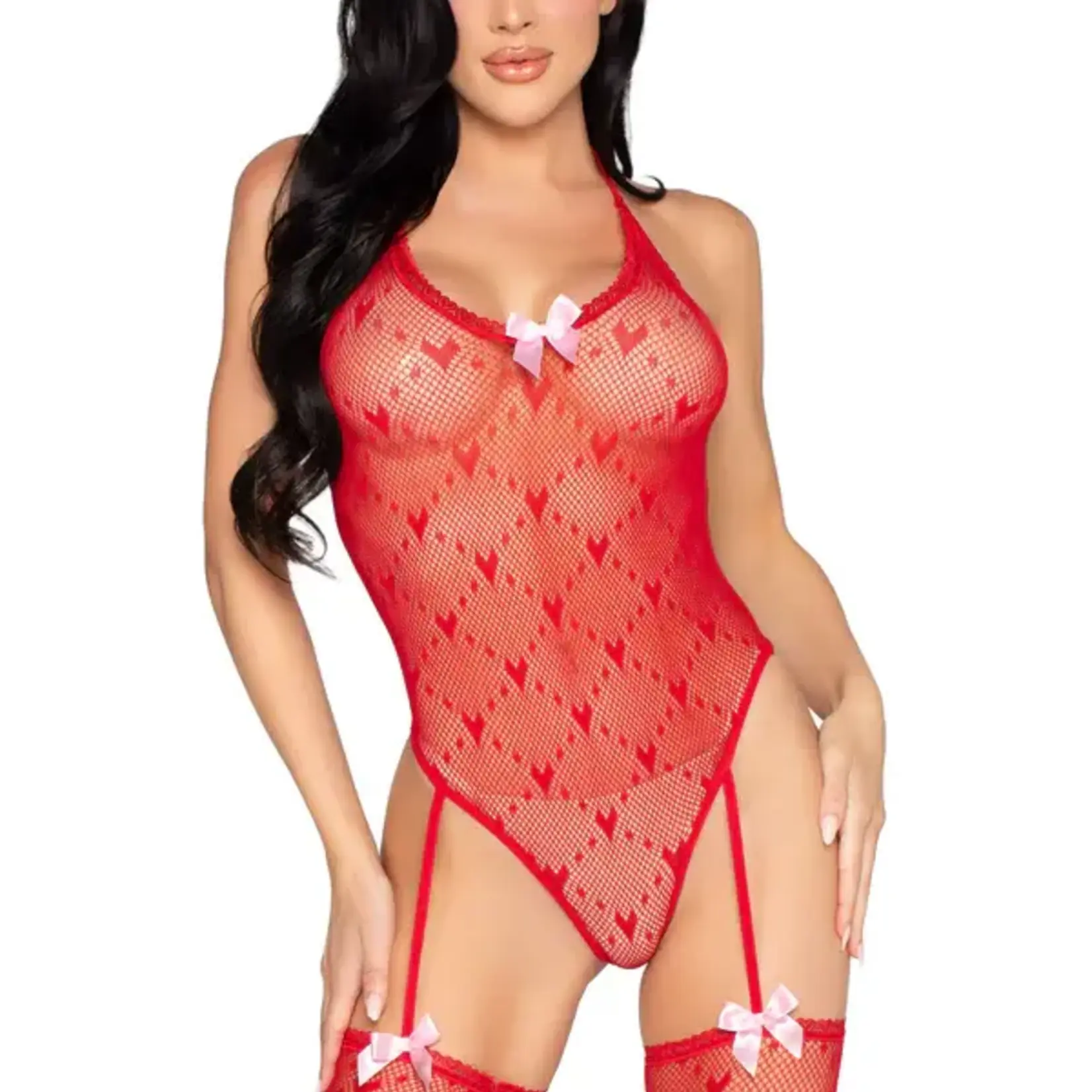 Leg Avenue Leg Avenue Mini Heart Trimmed Heart Net Teddy with Attached Stockings - O/S