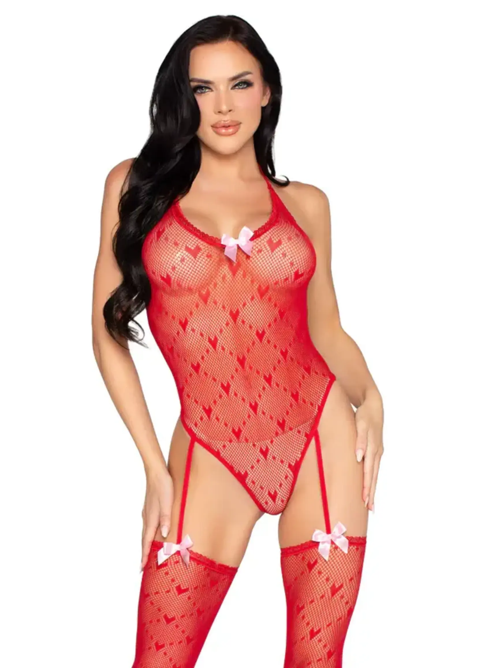 Leg Avenue Leg Avenue Mini Heart Trimmed Heart Net Teddy with Attached Stockings - O/S