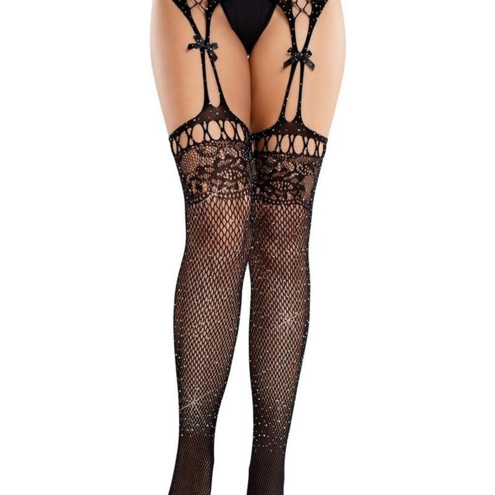 Leg Avenue Rhinestone Lace Top Fishnet Stockings w/ Garter Belt - OS