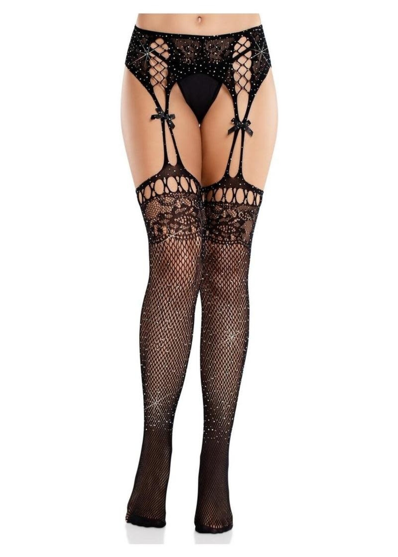 Leg Avenue Rhinestone Lace Top Fishnet Stockings w/ Garter Belt - OS