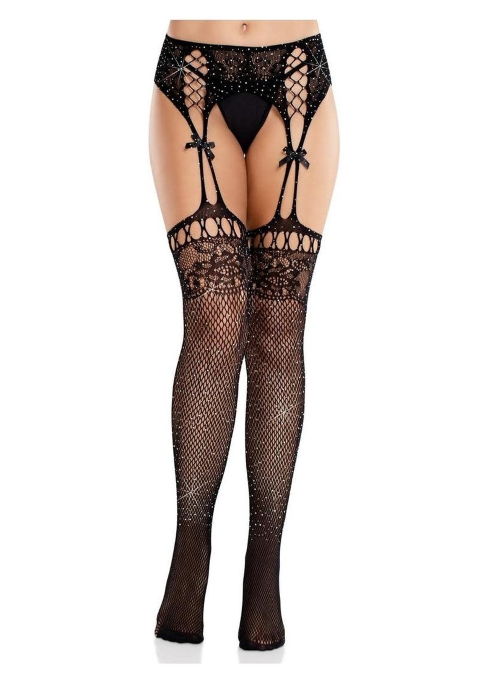 Leg Avenue Rhinestone Lace Top Fishnet Stockings w/ Garter Belt - OS