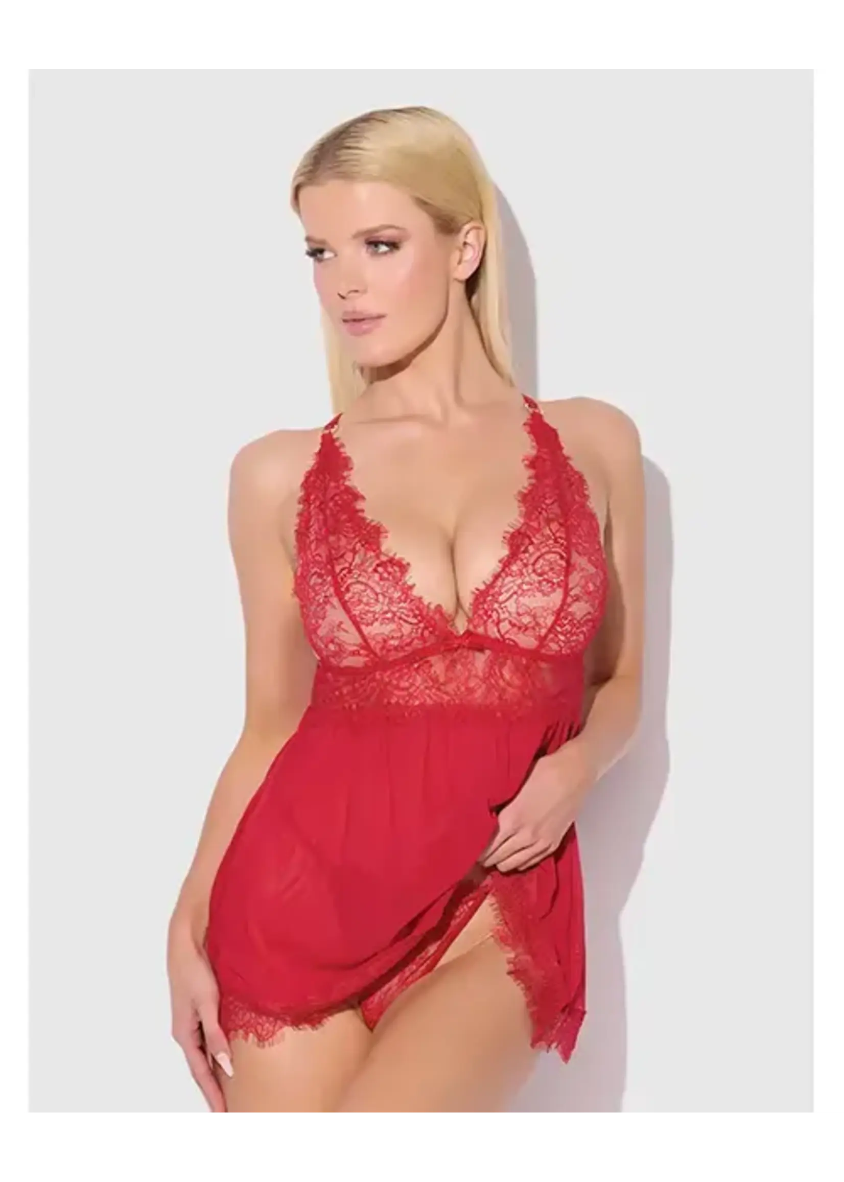 Shirley of Hollywood Mila Eyelash Lace & Mesh Babydoll w/G-String 2 pc Set - Red