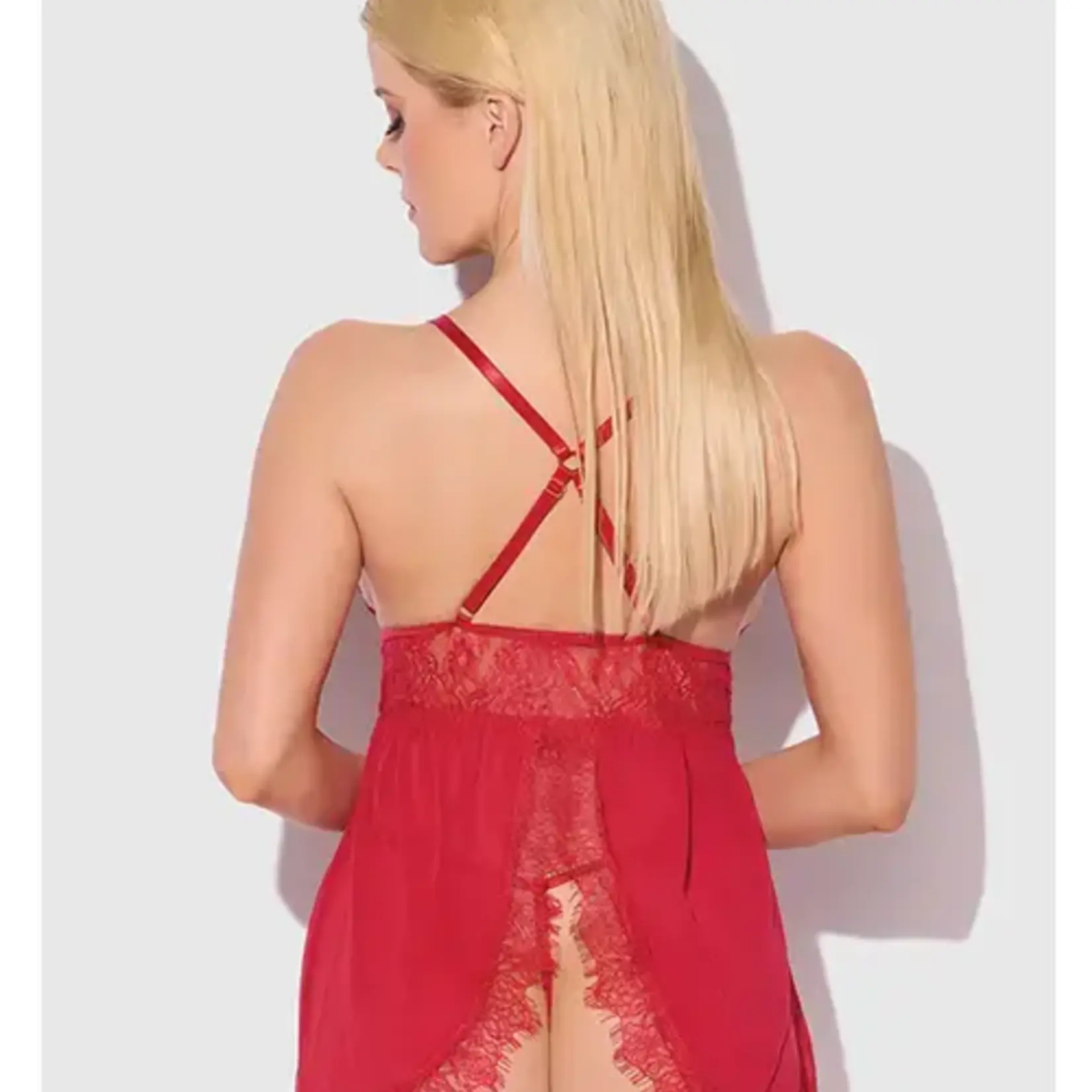 Shirley of Hollywood Mila Eyelash Lace & Mesh Babydoll w/G-String 2 pc Set - Red