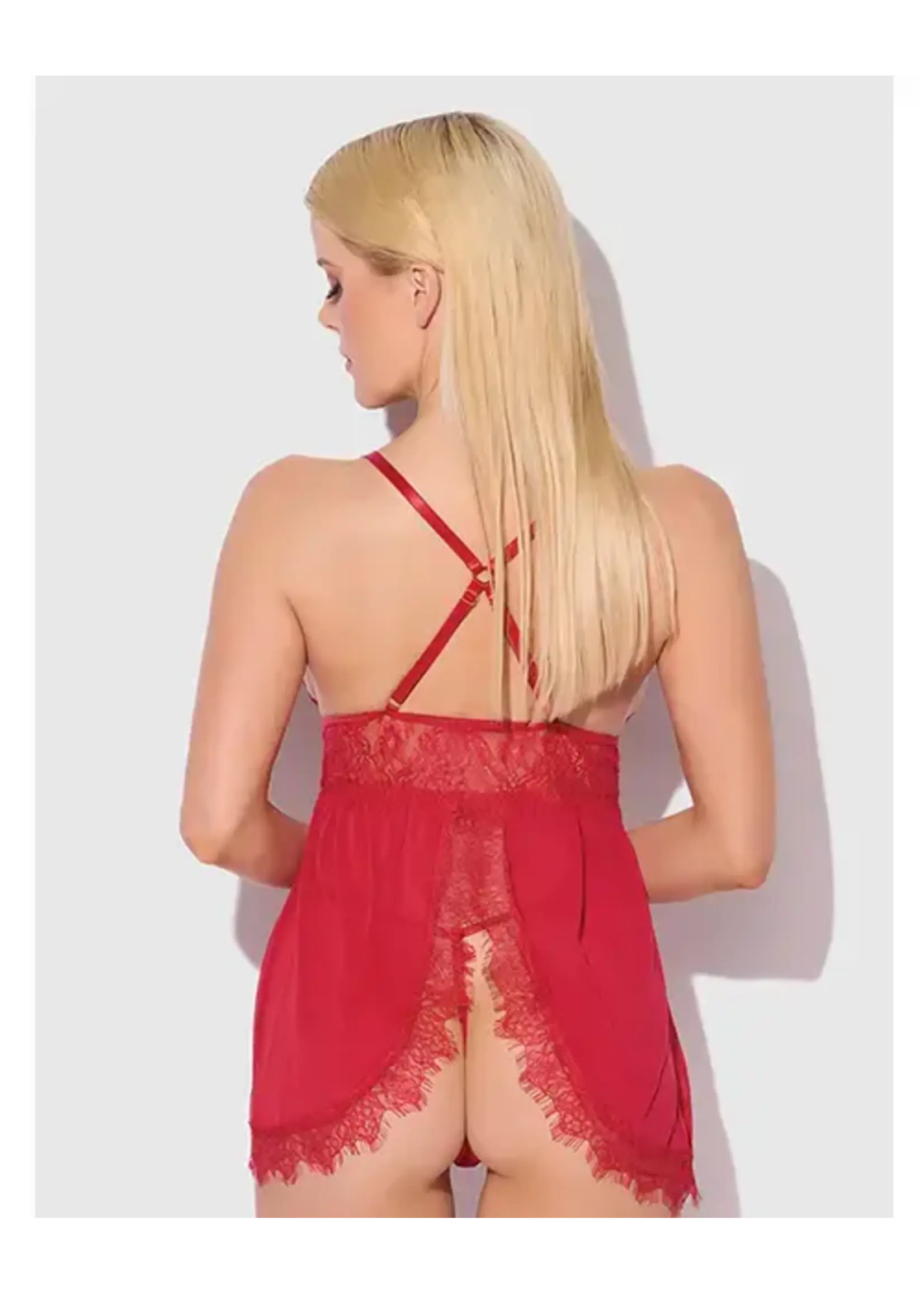 Shirley of Hollywood Mila Eyelash Lace & Mesh Babydoll w/G-String 2 pc Set - Red