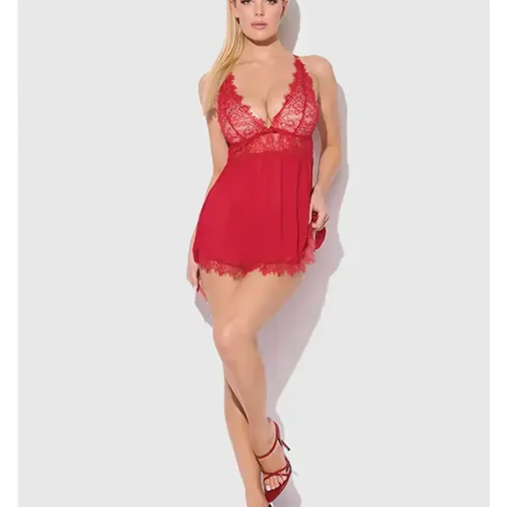 Shirley of Hollywood Mila Eyelash Lace & Mesh Babydoll w/G-String 2 pc Set - Red