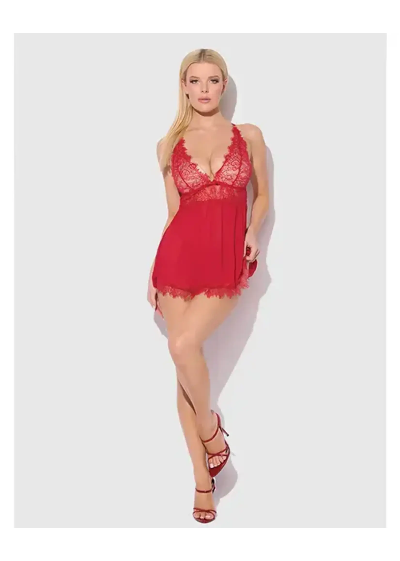 Shirley of Hollywood Mila Eyelash Lace & Mesh Babydoll w/G-String 2 pc Set - Red
