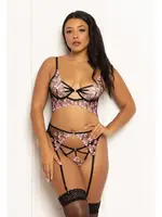 Seven 'til Midnight Floral Lace and Mesh Long Line Underwire Bra w/Garter & G-String