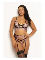 Seven 'til Midnight Floral Lace and Mesh Long Line Underwire Bra w/Garter & G-String