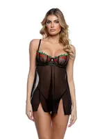 Roma Costumes Cherry Delight Embroidered Lace and Mesh Babydoll w/Balconette Cup & Thong 2 pc Set - Black