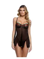 Roma Costumes Cherry Delight Embroidered Lace and Mesh Babydoll w/Balconette Cup & Thong 2 pc Set - Black