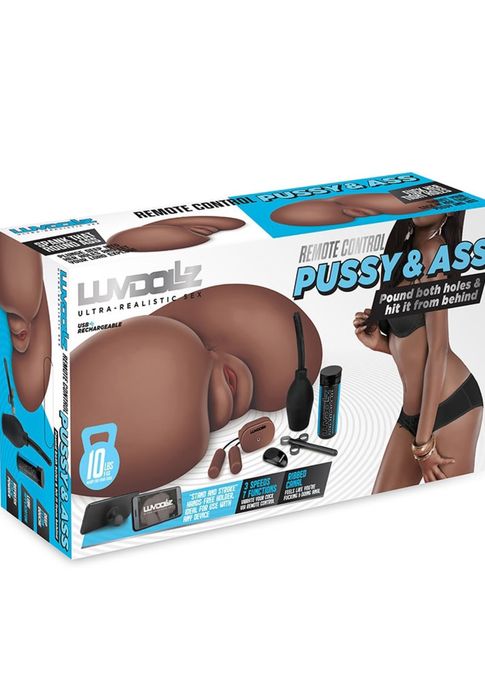 Electric Novelties LuvDollz Remote Controlled Vibrating Rechargeable Masturbator with Bullets and Remote Control - Pussy & Ass - Chocolate