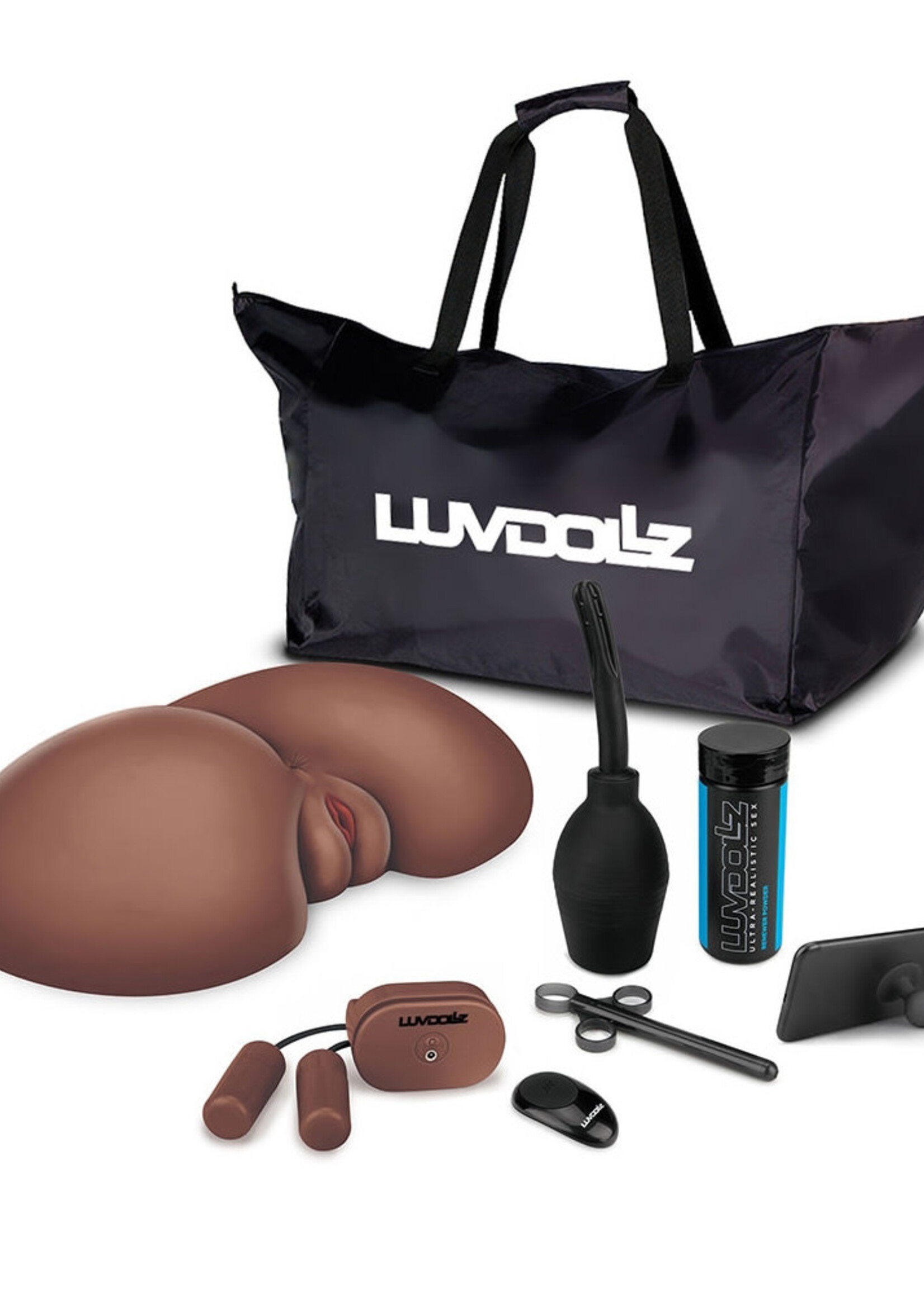Electric Novelties LuvDollz Remote Controlled Vibrating Rechargeable Masturbator with Bullets and Remote Control - Pussy & Ass - Chocolate
