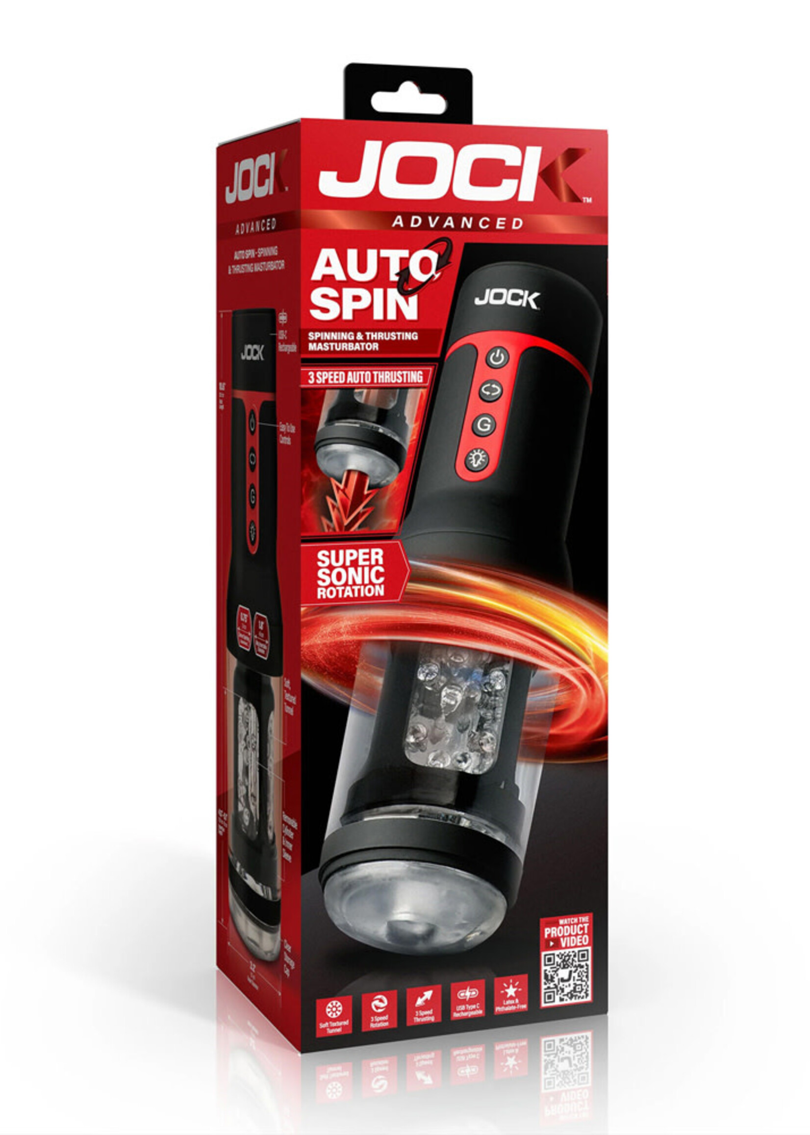 Curve Toys Jock Auto Spin Spinning and Thrusting Rechargeable Masturbator - Black/Clear