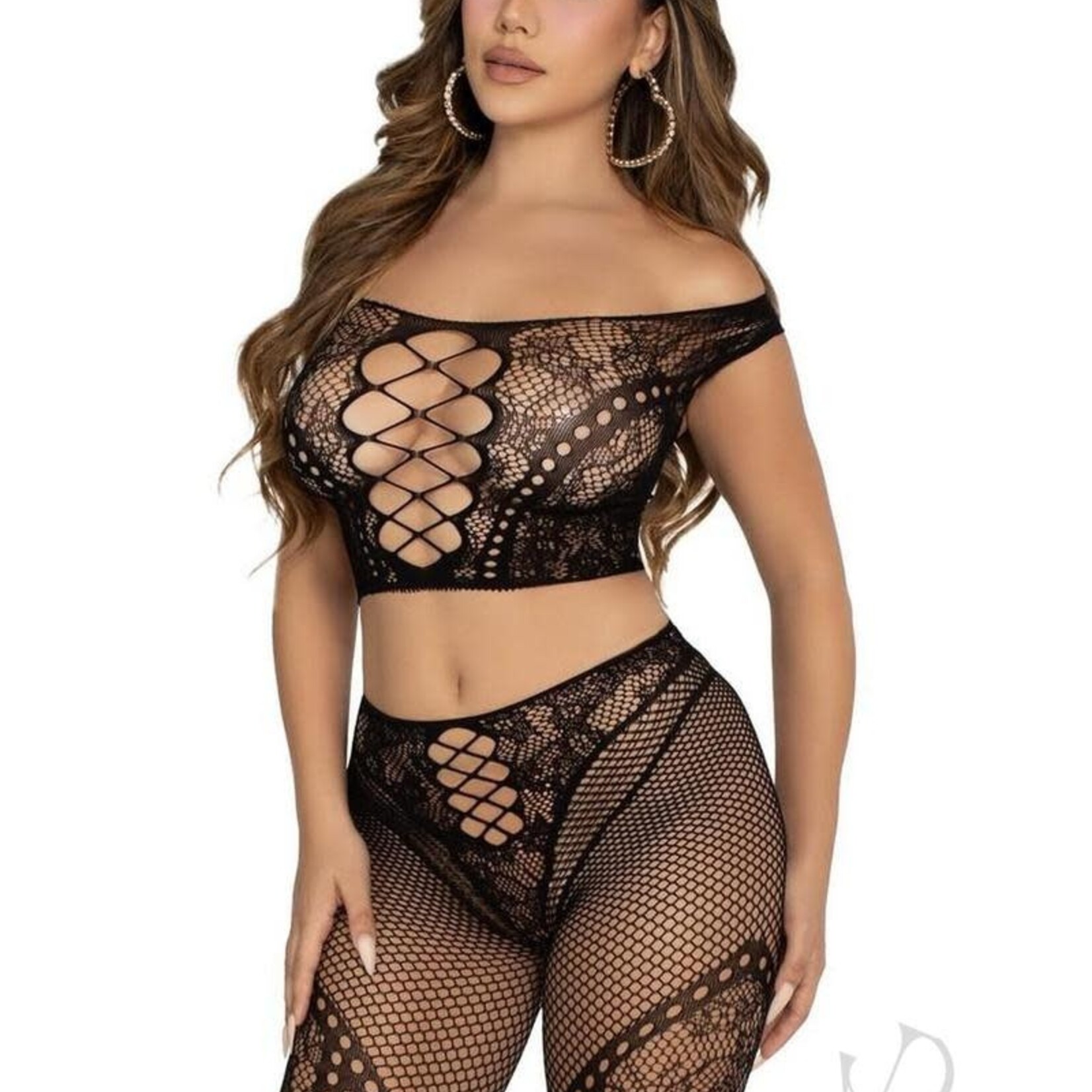 Leg Avenue Leg Avenue Net and Lace Off-the-Shoulder Crop Top and Footless Tights - O/S