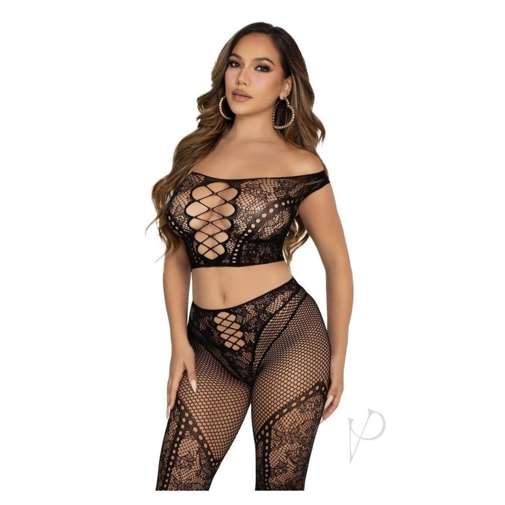 Leg Avenue Leg Avenue Net and Lace Off-the-Shoulder Crop Top and Footless Tights - O/S